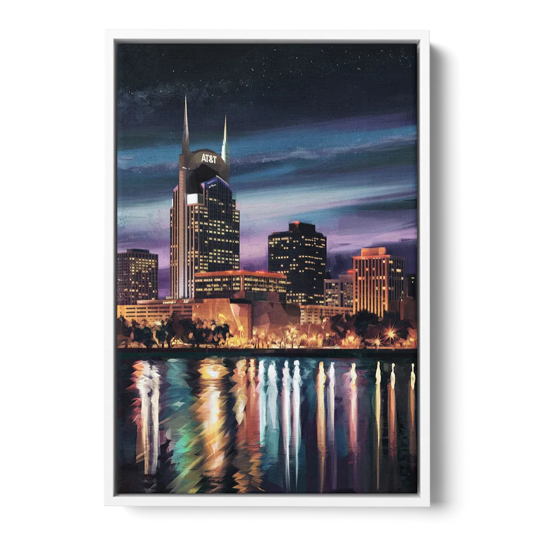 Nashville Cityscape at Night Front - White Canvas Wall Art
