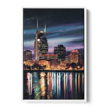 Nashville Cityscape at Night Front - White Canvas Wall Art