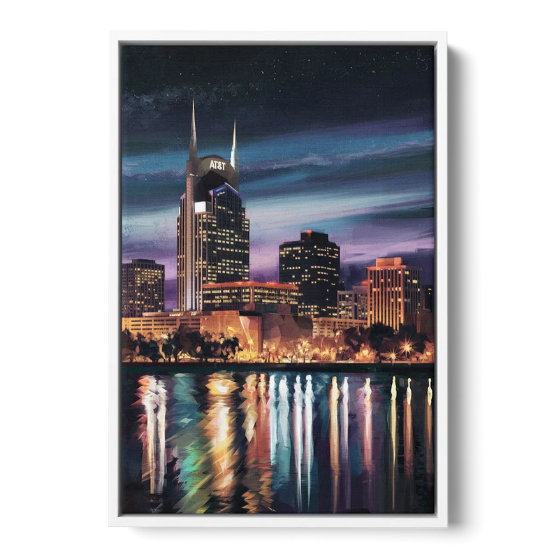 Nashville Cityscape at Night Front - White Canvas Wall Art