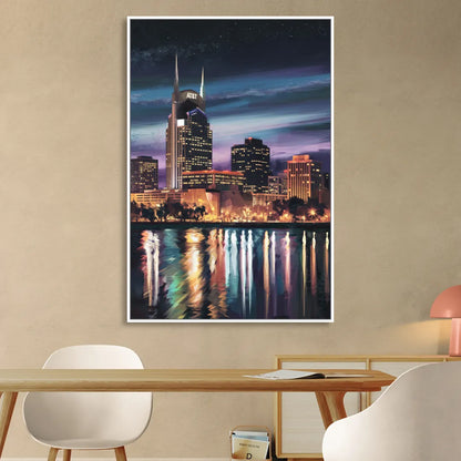 Nashville Cityscape at Night Living Room - White Canvas Wall Art