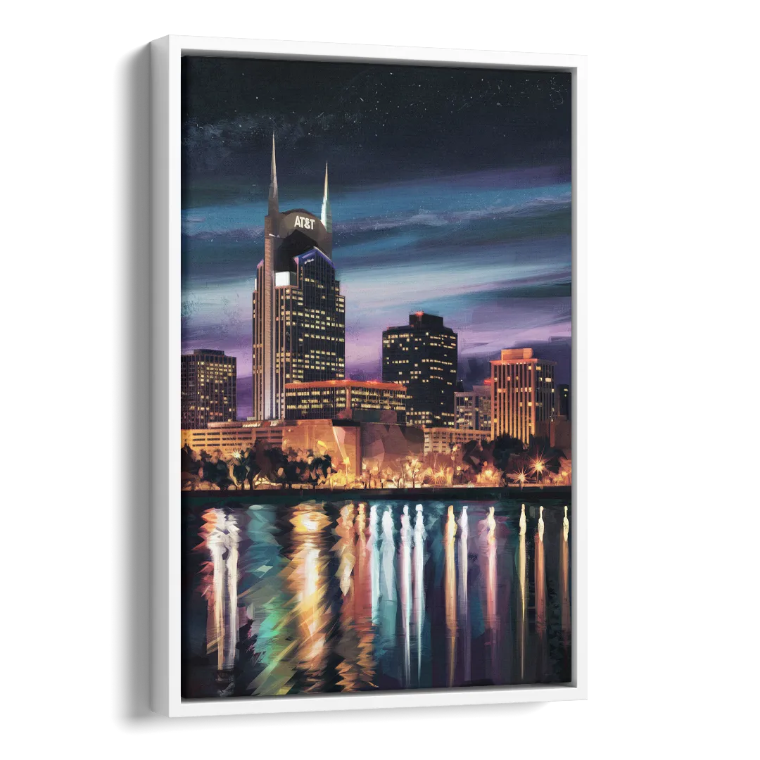 Nashville Cityscape at Night Side - White Canvas Wall Art