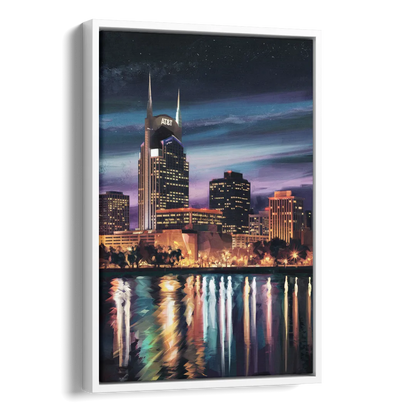 Nashville Cityscape at Night Side - White Canvas Wall Art