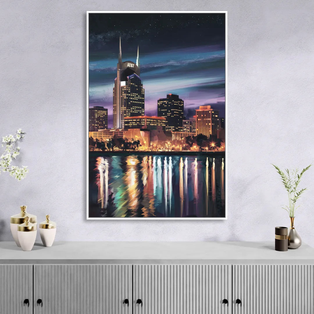 Nashville Cityscape at Night Sitting Room - White Canvas Wall Art