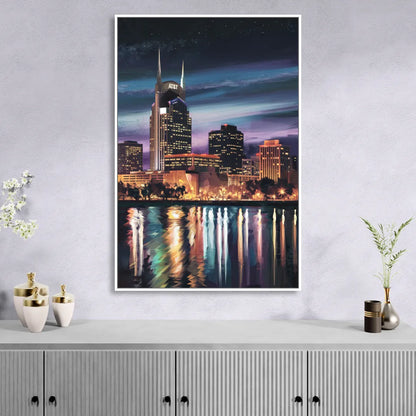 Nashville Cityscape at Night Sitting Room - White Canvas Wall Art