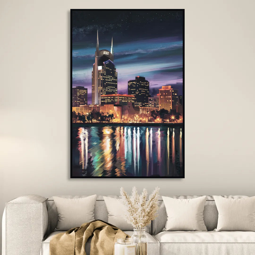 Nashville Cityscape at Night Sitting Room - Black Canvas Wall Art