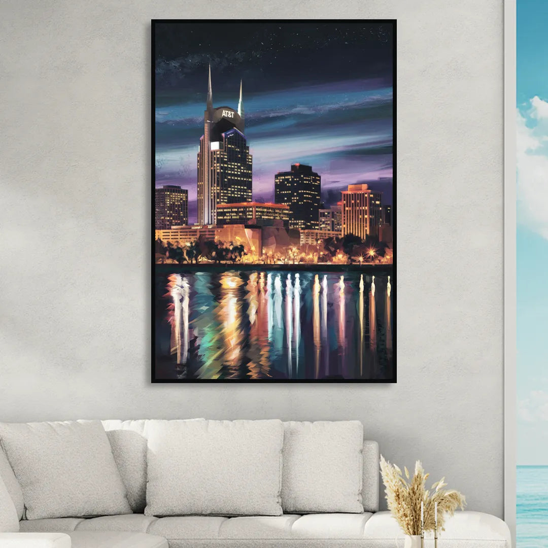 Nashville Cityscape at Night Living Room - Black Canvas Wall Art
