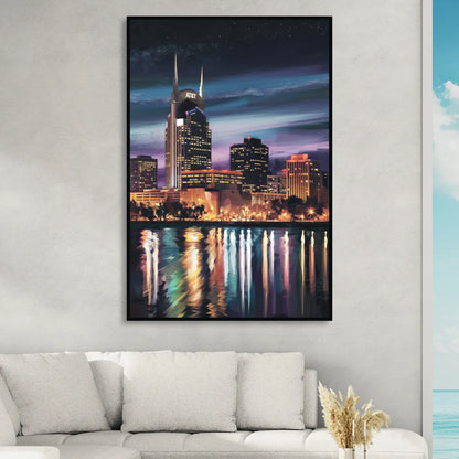 Nashville Cityscape at Night Living Room - Black Canvas Wall Art