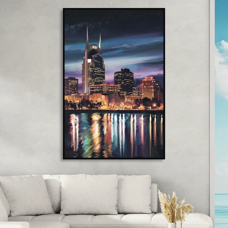 Nashville Cityscape at Night Living Room - Black Canvas Wall Art
