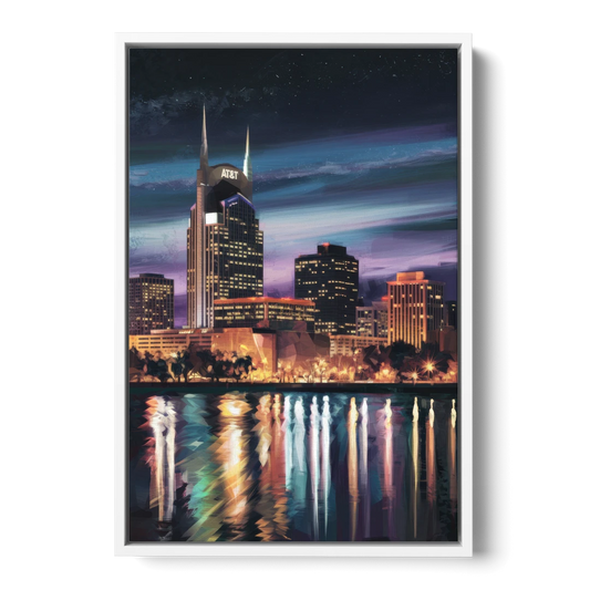 Nashville Cityscape at Night - White Framed Canvas Wall Art - Front