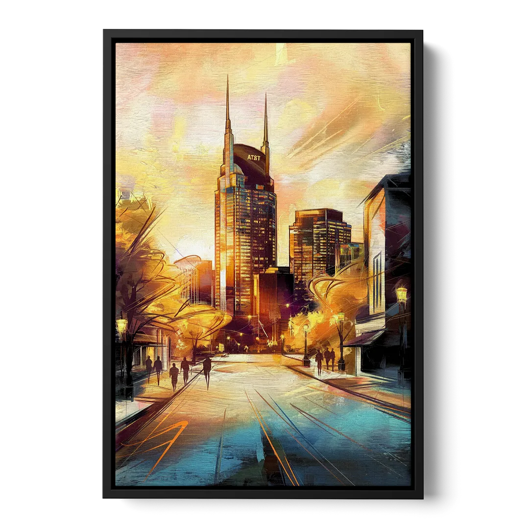 Nashville Downtown Streets Front - Black Canvas Wall Art