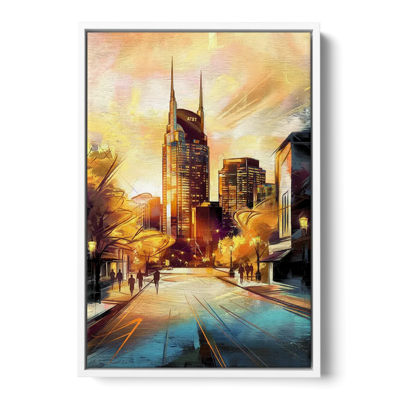Nashville Downtown Streets Front - White Canvas Wall Art