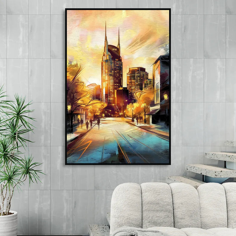 Nashville Downtown Streets Living Room - Black Canvas Wall Art