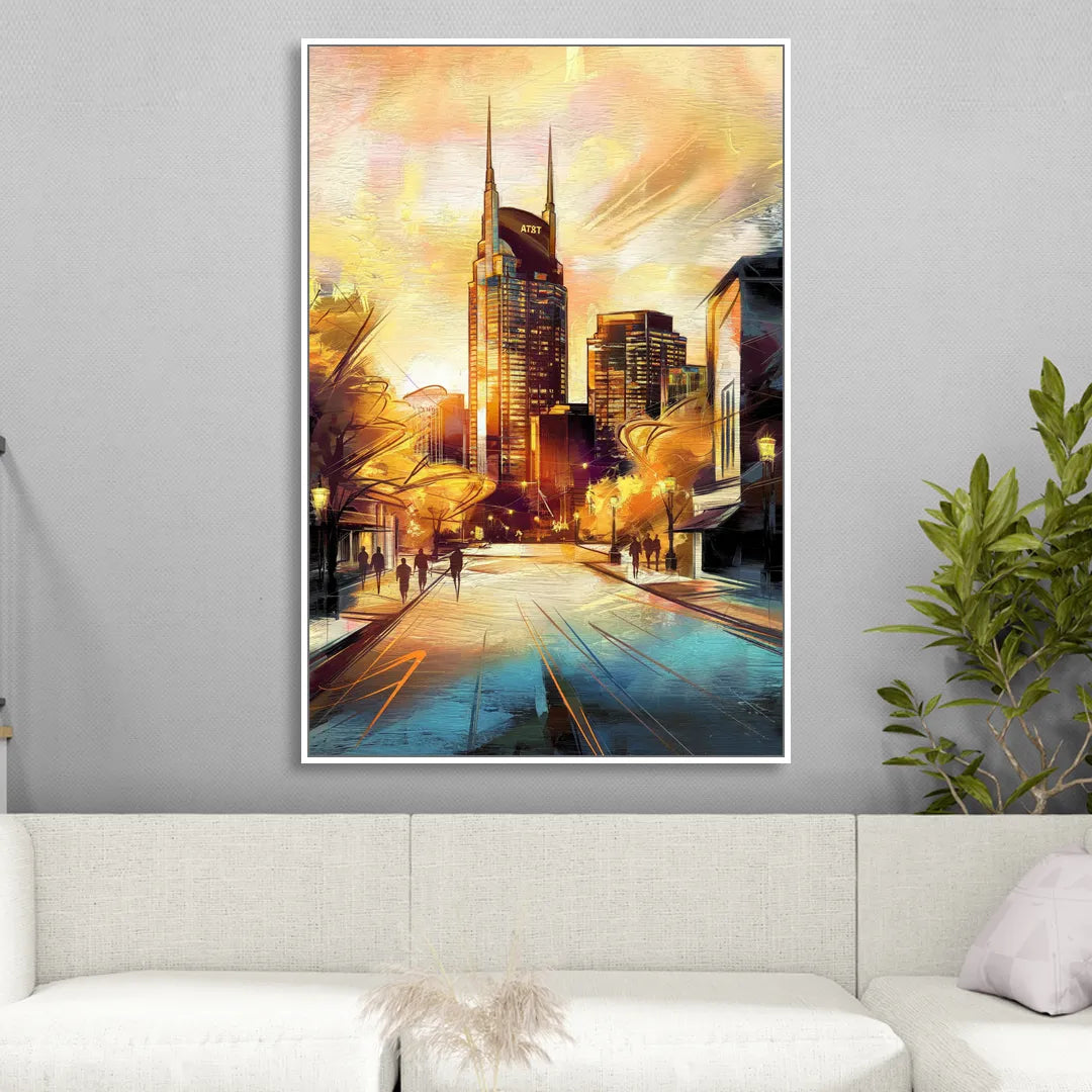 Nashville Downtown Streets Living Room - White Canvas Wall Art