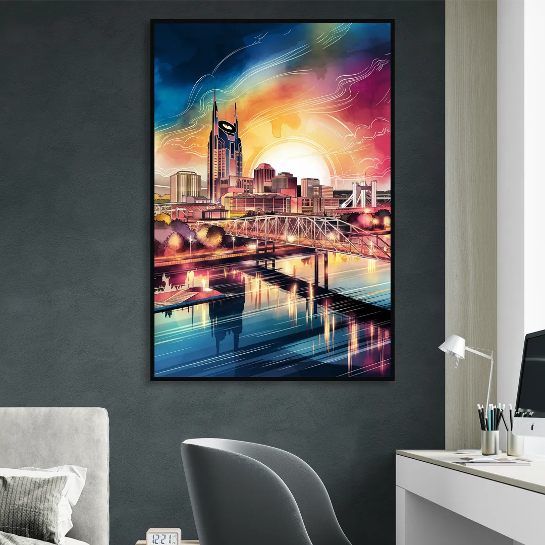 Nashville Iconic Locations Living Room - Black Canvas Wall Art