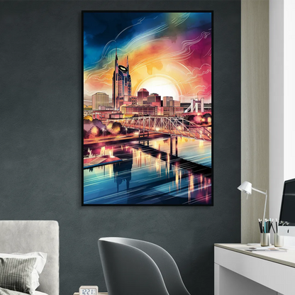 Nashville Iconic Locations Living Room - Black Canvas Wall Art