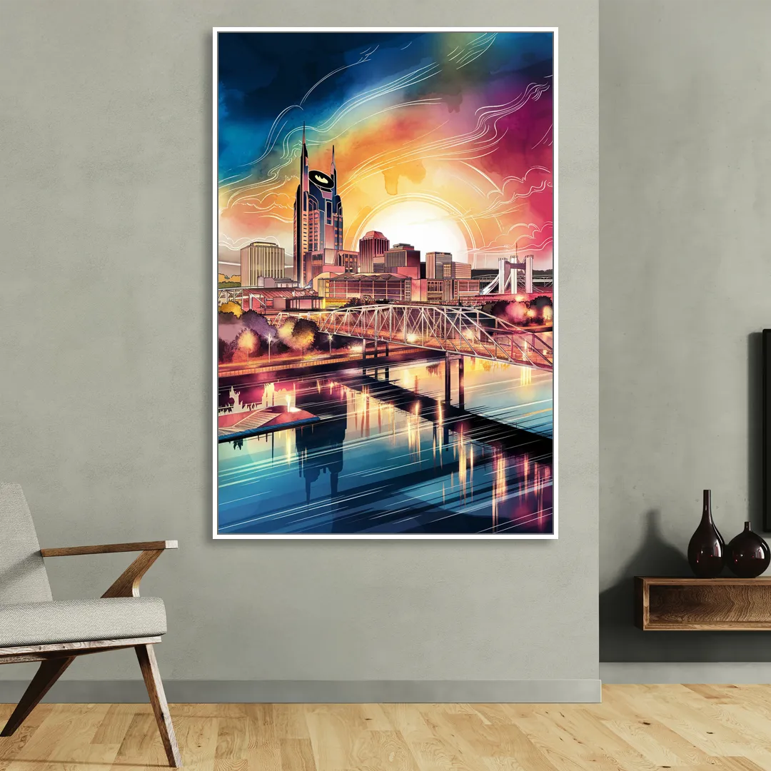 Nashville Iconic Locations Living Room - White Canvas Wall Art