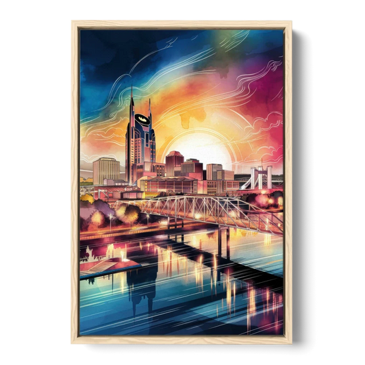 Nashville Iconic Locations - Oak Framed Canvas Wall Art - Front