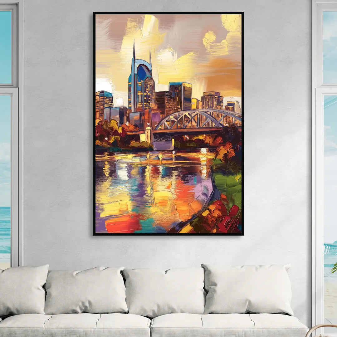 Nashville Scenic Riverfront Living Room - Black Canvas Wall Art
