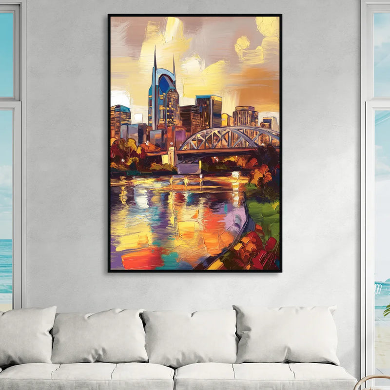 Nashville Scenic Riverfront Living Room - Black Canvas Wall Art