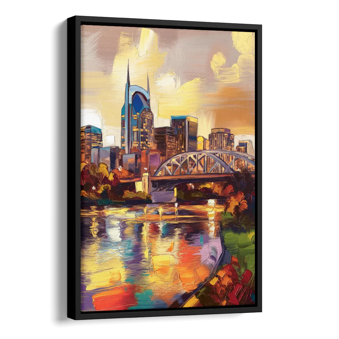 Nashville Scenic Riverfront Side - Black Canvas Wall Art