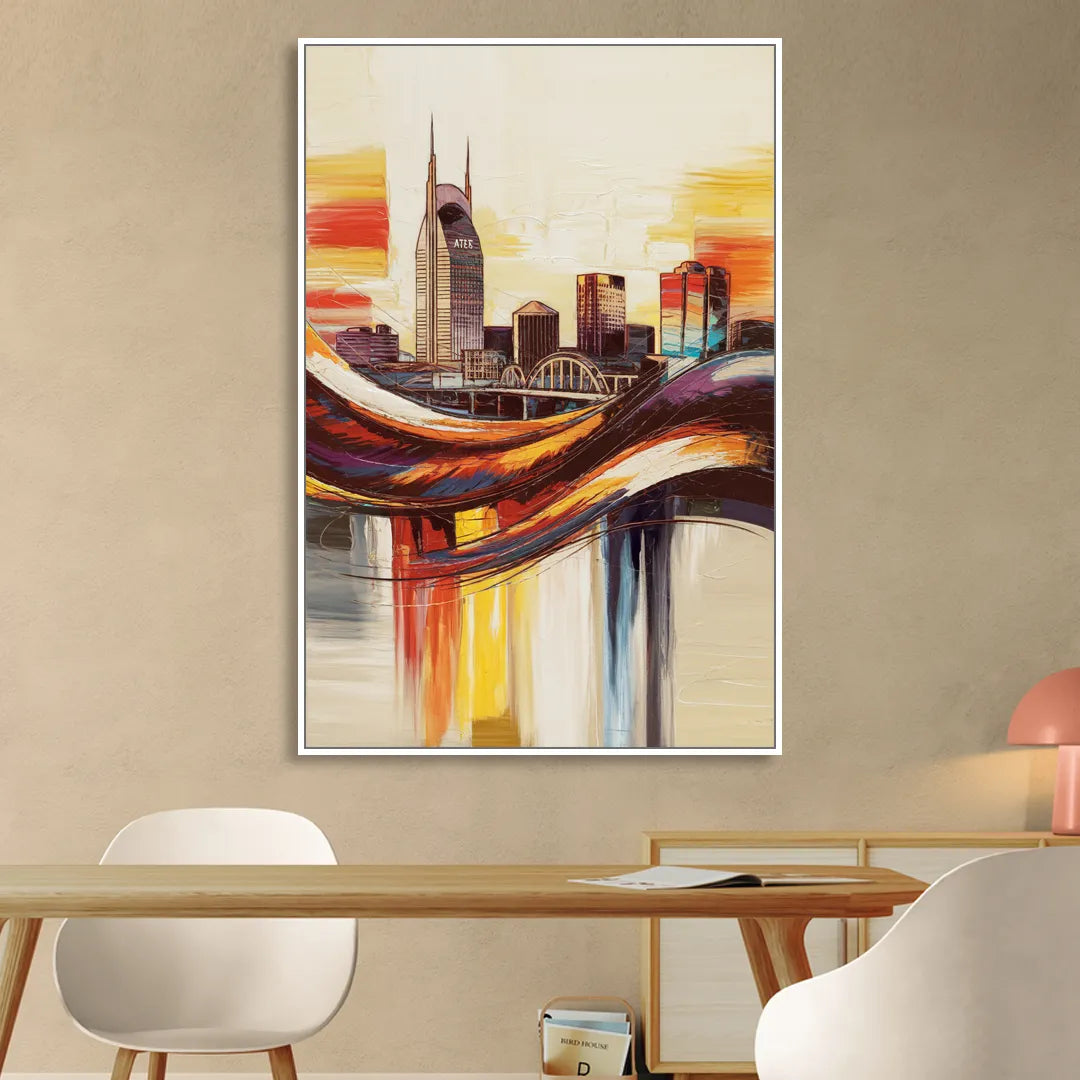 Nashville Skyline at Sunset Sitting Room - White Canvas Wall Art