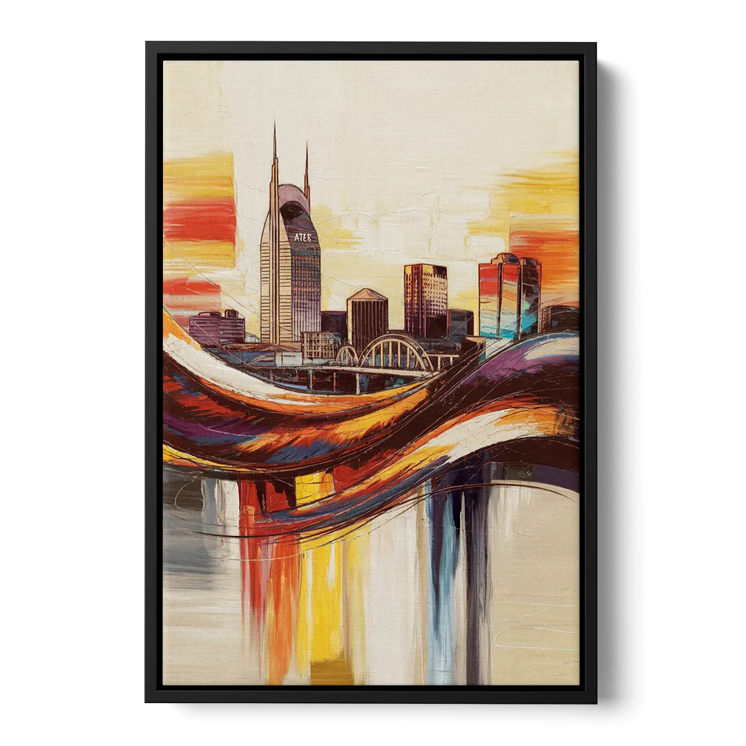Nashville Skyline at Sunset Front - Black Canvas Wall Art