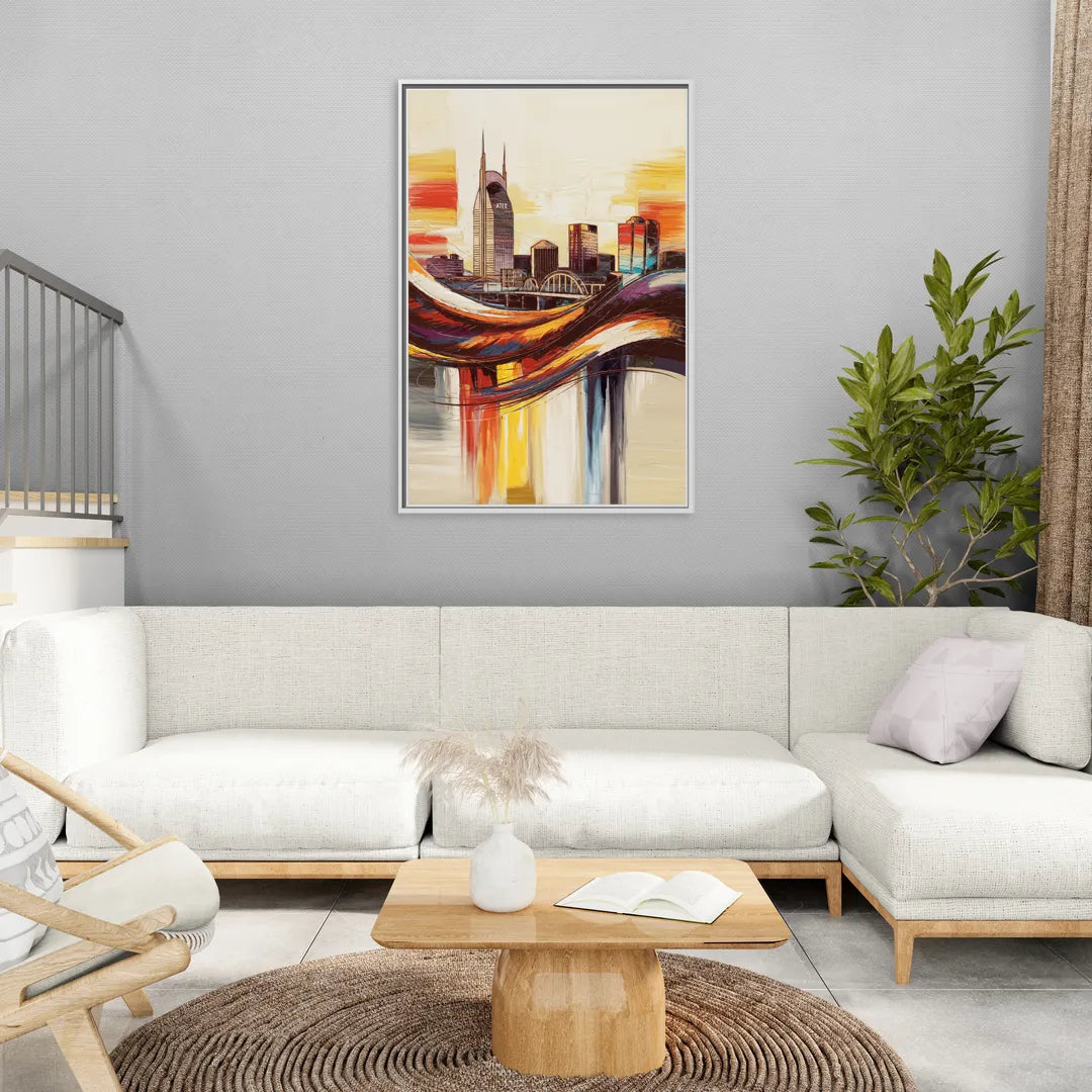 Nashville Skyline at Sunset - Living Room White Frame Canvas