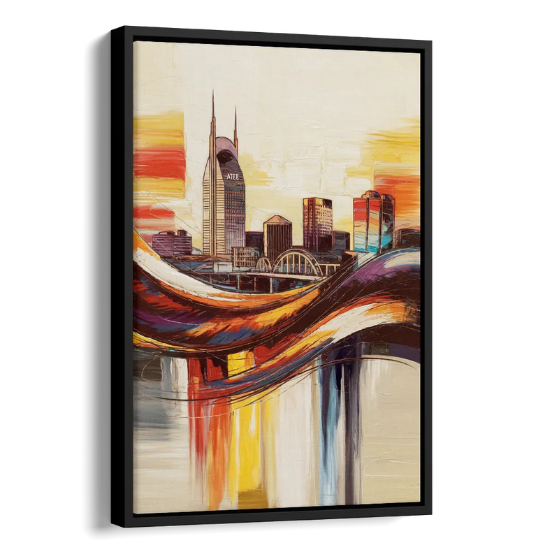 Nashville Skyline at Sunset Side - Black Canvas Wall Art