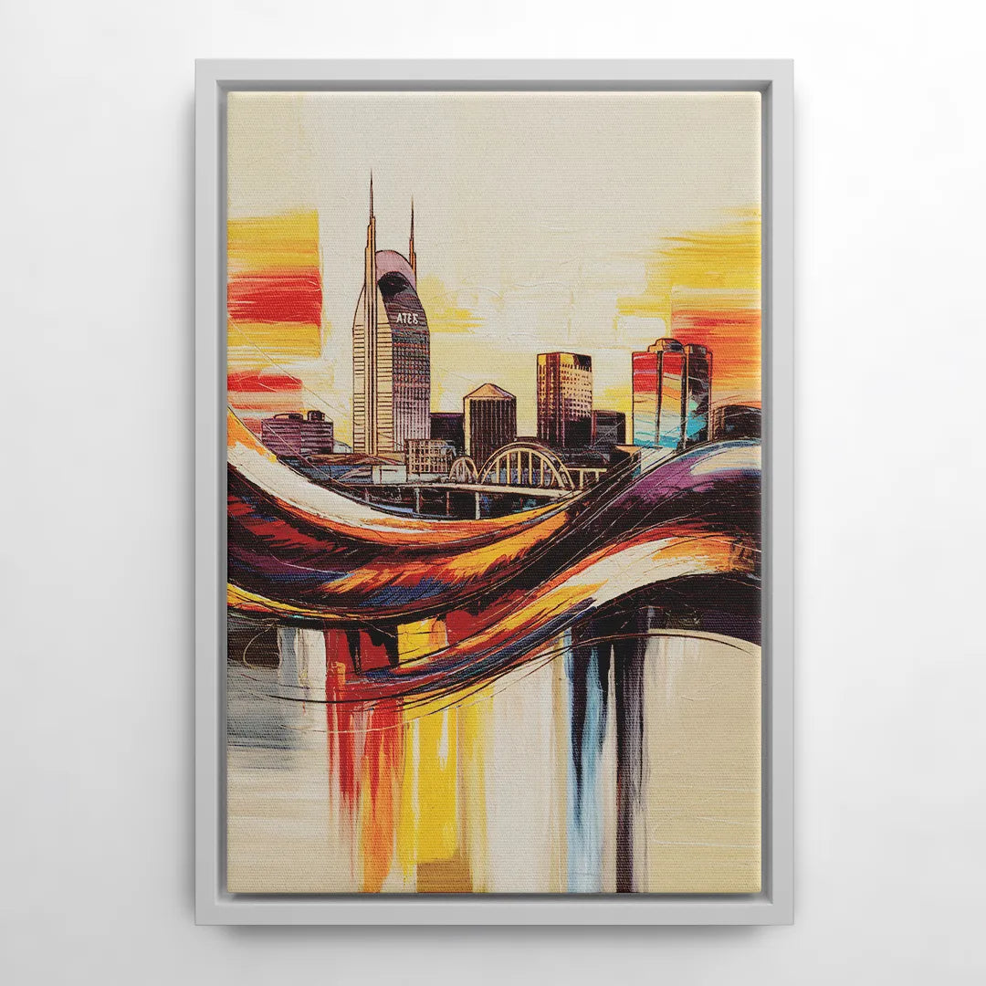 Nashville Skyline at Sunset - White Frame Canvas