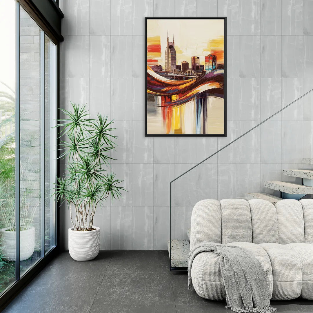 Nashville Skyline at Sunset - Living Room Black Frame Canvas