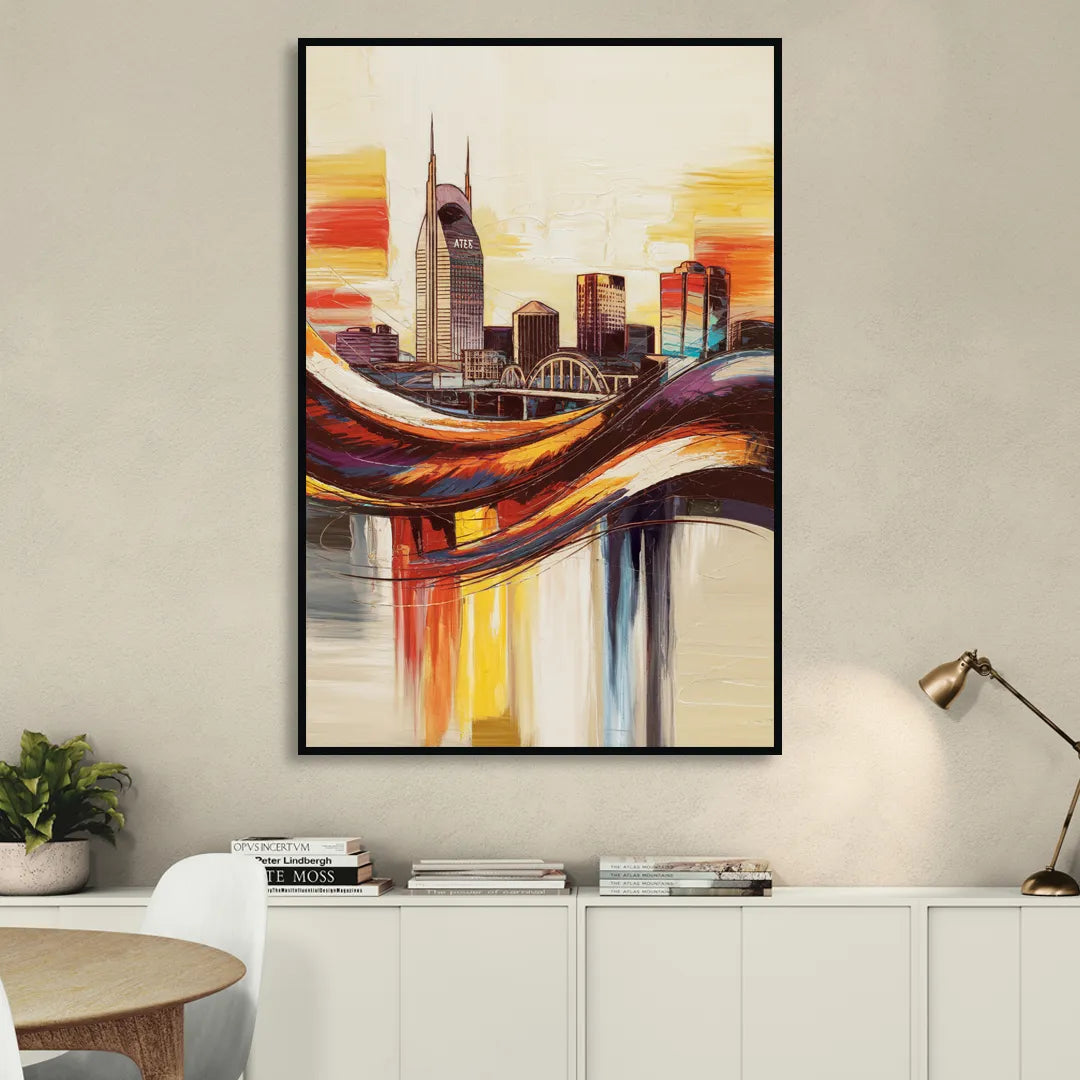 Nashville Skyline at Sunset Living Room - Black Canvas Wall Art