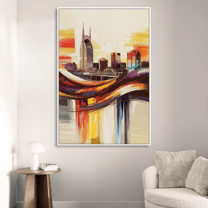 Nashville Skyline at Sunset Living Room - White Canvas Wall Art