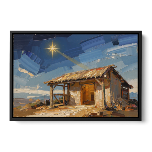 Nativity Scene Painting with Golden Doorway - Black Framed Canvas Wall Art - Front