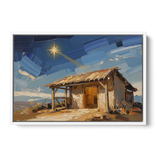 Nativity Scene Painting with Golden Doorway - White Framed Canvas Wall Art - Front