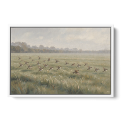 Nature Wall Decor with Sparrows Over a Summer Field - White Framed Canvas Wall Art - Front
