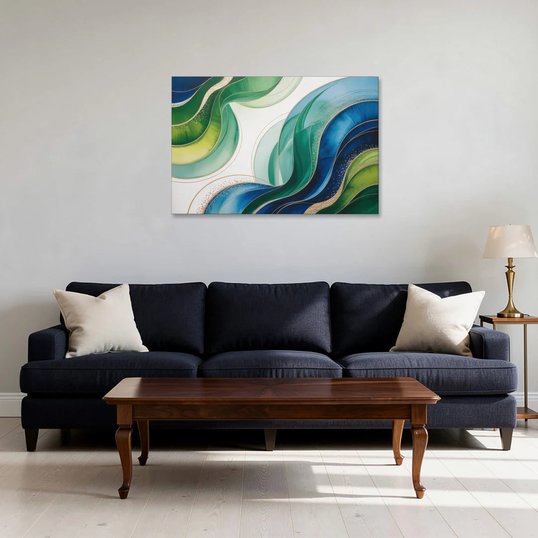 Natures Fluid Symphony Blue and Green Abstract - Canvas Wall Art - Sofa - 36x24