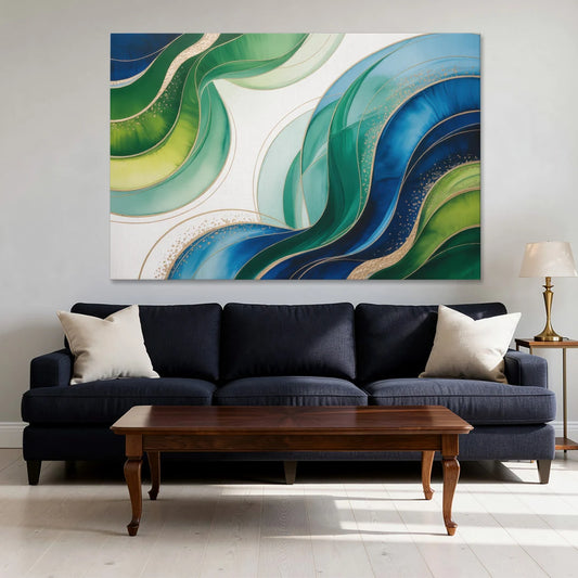 Natures Fluid Symphony Blue and Green Abstract - Canvas Wall Art - Sofa - 60x40
