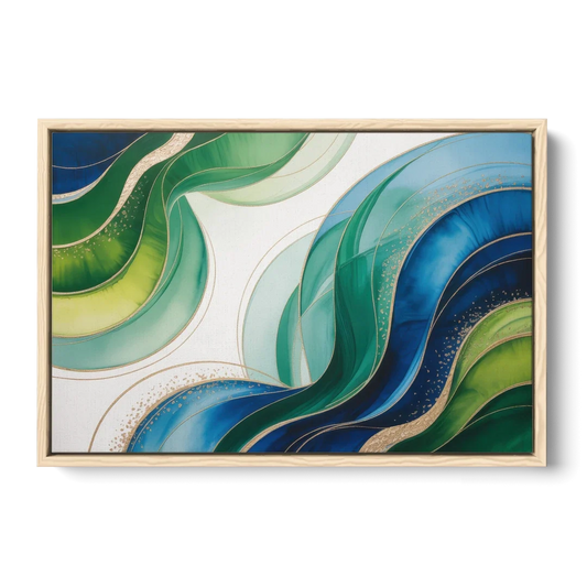 Natures Fluid Symphony Blue and Green Abstract - Oak Framed Canvas Wall Art - Front