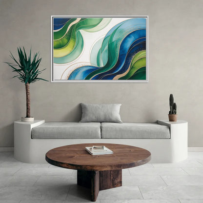 Natures Fluid Symphony Blue and Green Abstract - Living Room White Frame Canvas