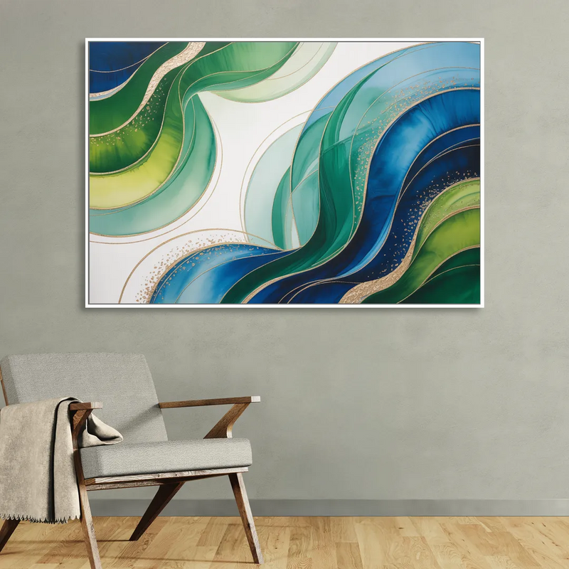 Natures Fluid Symphony Blue and Green Abstract Living Room - White Canvas Wall Art