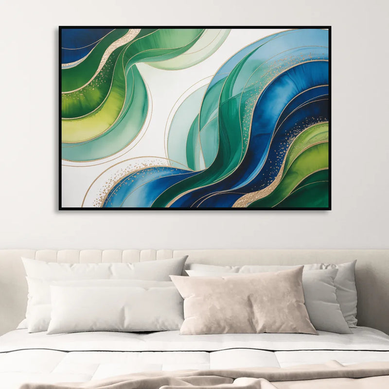 Natures Fluid Symphony Blue and Green Abstract Sitting Room - Black Canvas Wall Art
