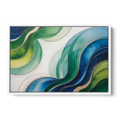 Natures Fluid Symphony Blue and Green Abstract - White Frame Canvas
