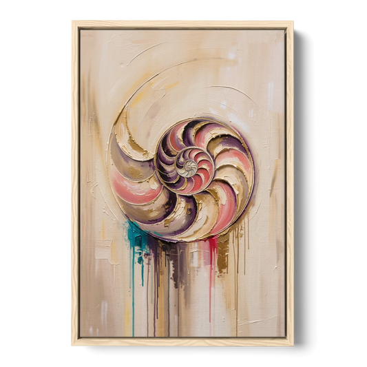 Nautilus Spiral in Blush and Gold - Oak Framed Canvas Wall Art - Front
