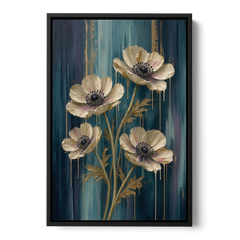 Navy Blue Floral Wall Art with White Anemones - Black Framed Canvas Wall Art - Front