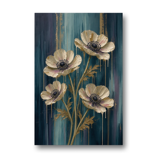 Navy Blue Floral Wall Art with White Anemones - Canvas Wall Art - Front