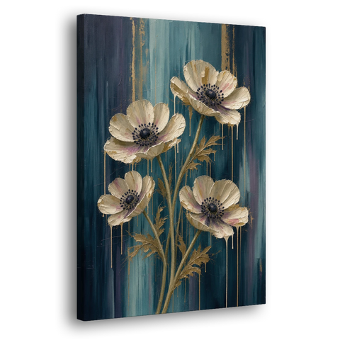 Navy Blue Floral Wall Art with White Anemones - Canvas Wall Art - Side