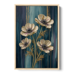 Navy Blue Floral Wall Art with White Anemones - Oak Framed Canvas Wall Art - Front
