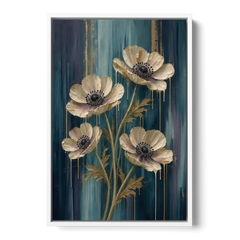 Navy Blue Floral Wall Art with White Anemones - White Framed Canvas Wall Art - Front
