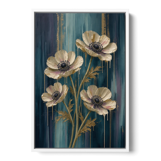 Navy Blue Floral Wall Art with White Anemones - White Framed Canvas Wall Art - Front