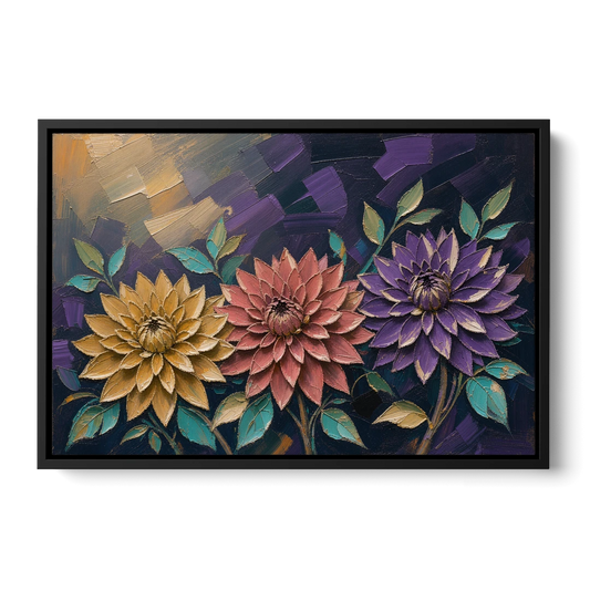 Navy Floral Wall Art of Three Palette Knife Dahlias - Black Framed Canvas Wall Art - Front